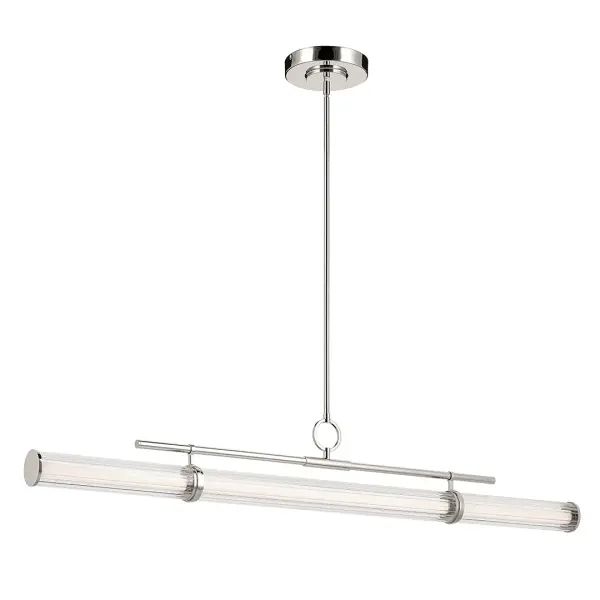 The Riven Linear Chandelier combines contemporary sophistication with timeless appeal. Its 60-inch length and polished nickel finish create a striking focal point, while clear fluted glass cylinders add refined texture and visual interest. - alternate view