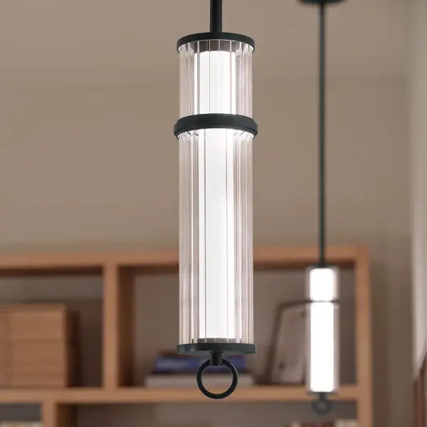 Riven Black Cylinder Pendant with Clear Fluted Glass - Image 5