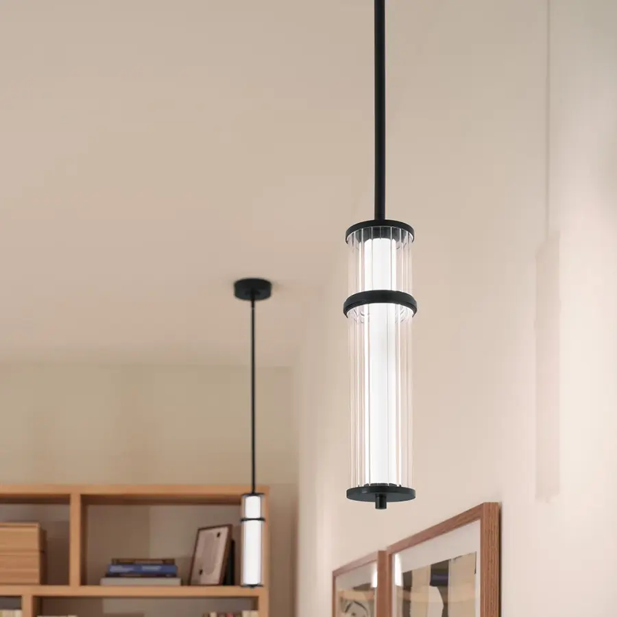 Riven Black Cylinder Pendant with Clear Fluted Glass - Image 7