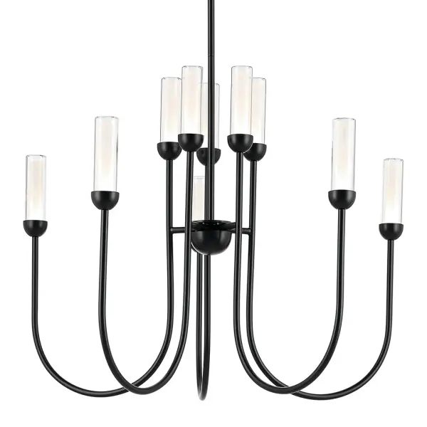 The Moraine chandelier delivers dramatic visual impact with its 10-light multi-tier design and clear cylinder glass shades. Energy-efficient integrated LED technology combines with contemporary styling for a fixture that's both beautiful and practical.