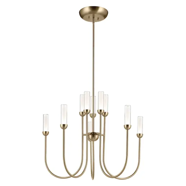 The Moraine Chandelier combines contemporary elegance with practical LED efficiency. Its 30-inch diameter and multi-tier design create dramatic visual impact, while clear cylinder glass shades and Champagne Bronze finish add sophisticated warmth to any space. - alternate view