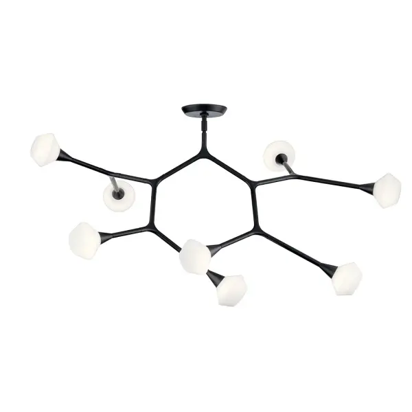 The Cassius Chandelier commands attention with its bold 52.5-inch linear profile and eight opal glass shades. Convertible design offers installation flexibility, while the contemporary black finish adds dramatic sophistication to modern interiors. - alternate view