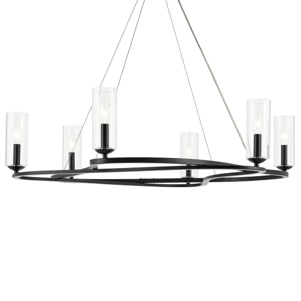 The Harpin Chandelier makes a striking impression with its generous 37.75-inch diameter and clean contemporary lines. Six lights with clear cylinder glass shades provide ample illumination while the black finish adds modern sophistication to any space.