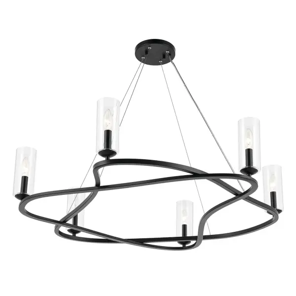 The Harpin Chandelier makes a striking impression with its generous 37.75-inch diameter and clean contemporary lines. Six lights with clear cylinder glass shades provide ample illumination while the black finish adds modern sophistication to any space. - alternate view