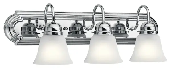 This 24-inch three-light vanity fixture delivers bright, even illumination with a sleek chrome finish and satin etched glass shades. Its modern lines and damp rating make it ideal for bathrooms of all sizes.