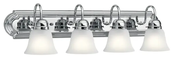 This 30-inch 4-light vanity fixture delivers bright, even illumination with a timeless chrome finish and satin etched glass shades. Its modern profile works across contemporary, transitional, and minimalist bathrooms.