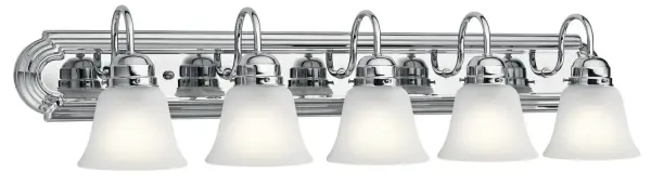 This 5-light bath bar delivers excellent illumination with a clean, contemporary profile. The chrome finish and satin etched glass provide a timeless look that complements most bathroom styles while the 36-inch width is ideal for double vanities.
