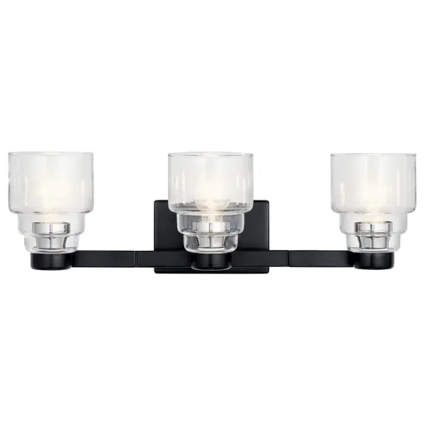 The Vionnet 3-light vanity combines minimalist black steel with clear glass shades for a sophisticated look that works in both contemporary and transitional bathrooms. At 24 inches wide, it's perfectly sized for standard vanities.