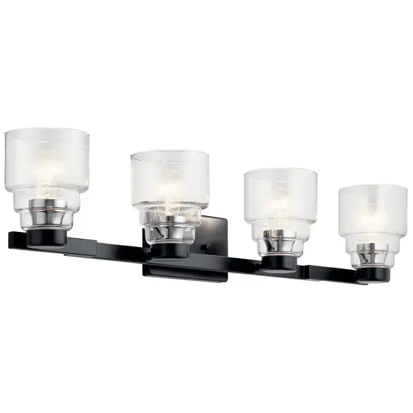 The Vionnet vanity light delivers modern sophistication with its clean black steel frame and clear glass cylinders. At 33.5 inches wide, it provides excellent illumination for medium to large vanities while maintaining a streamlined profile.
