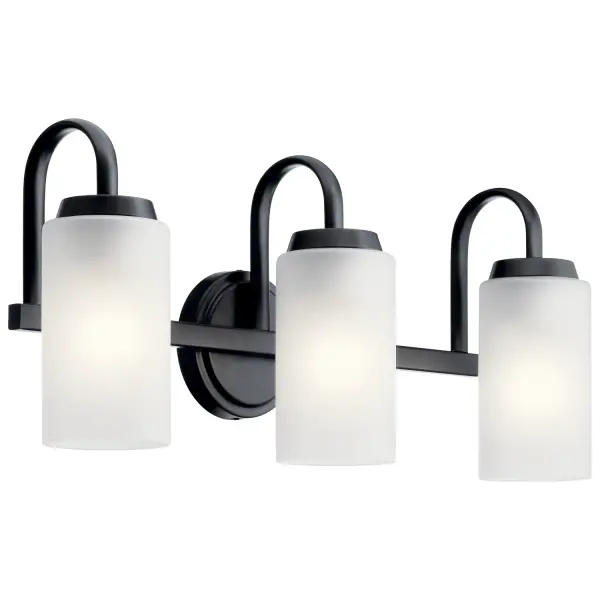 The Kennewick 3-light vanity combines clean lines with practical versatility. Its etched glass shades can be installed facing up or down to suit your lighting needs, while the black finish coordinates with modern bathroom fixtures.