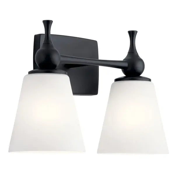 The Cosabella 2-light vanity fixture combines clean contemporary lines with satin etched opal glass for soft, flattering illumination. Dimmable and damp-rated for bathroom use, with reversible mounting for up or down light.