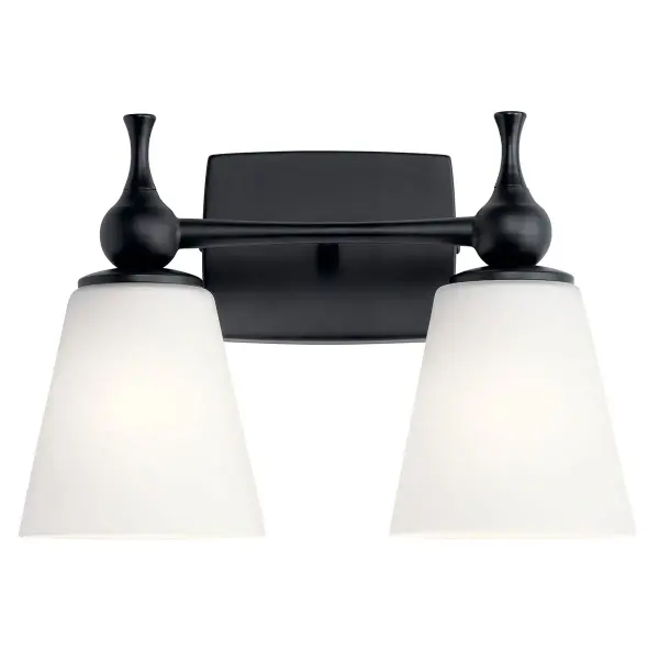 The Cosabella 2-light vanity fixture combines clean contemporary lines with satin etched opal glass for soft, flattering illumination. Dimmable and damp-rated for bathroom use, with reversible mounting for up or down light. - alternate view