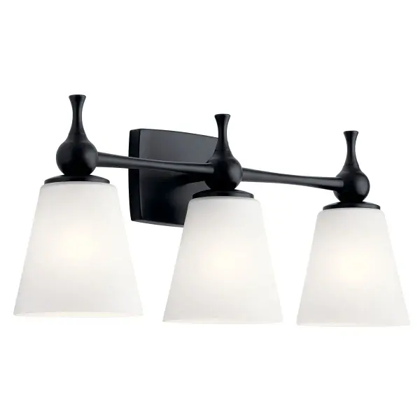 The Cosabella vanity light combines contemporary design with practical functionality. Its 24-inch width and satin etched opal glass shades provide even, flattering illumination perfect for bathroom vanities.