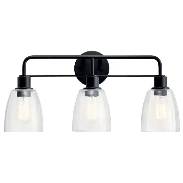 The Meller vanity light combines contemporary styling with practical features. Its 24-inch width makes it ideal for medium to large vanities, while clear glass shades provide bright, even illumination. Dimmable and damp-rated for bathroom use. - alternate view