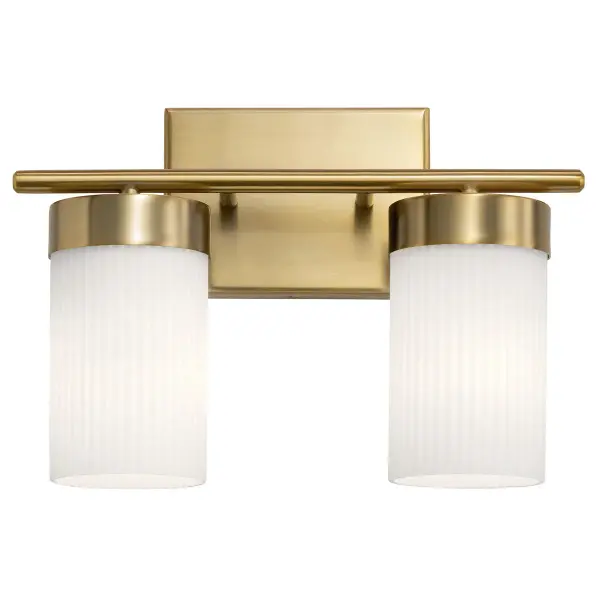 The Ciona 2-Light Vanity Light combines brushed natural brass with satin etched opal glass for a sophisticated bathroom lighting solution. Its dimmable feature and damp-rated construction make it versatile and practical. - alternate view