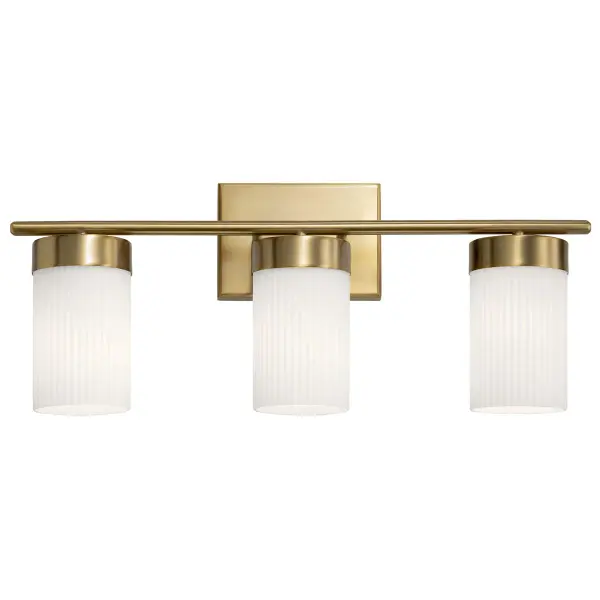 The Ciona 3-Light Vanity Light combines Art Deco sophistication with modern functionality. Its brushed natural brass finish and satin etched opal glass shades create a warm, flattering glow perfect for bathroom vanities. - alternate view