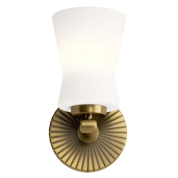 The Brianne Wall Sconce combines Art Deco elegance with modern functionality. Its brushed natural brass finish and satin etched opal glass create a sophisticated glow perfect for bathrooms, hallways, and bedrooms. - alternate view