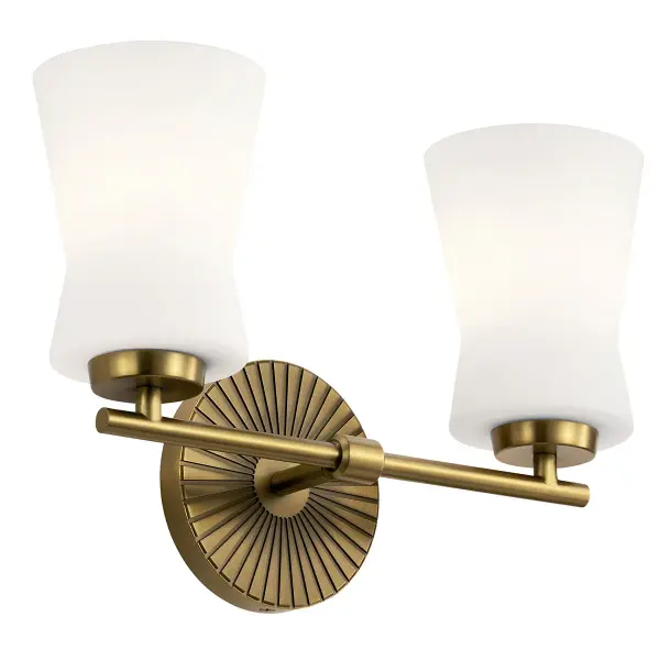 The Brianne vanity light brings Art Deco sophistication to bathroom spaces with its brushed natural brass finish and satin etched opal glass shades. Dimmable and damp-rated for versatile installation.