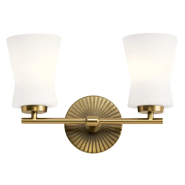 The Brianne vanity light brings Art Deco sophistication to bathroom spaces with its brushed natural brass finish and satin etched opal glass shades. Dimmable and damp-rated for versatile installation. - alternate view