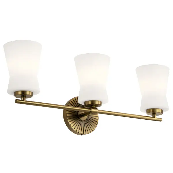 The Brianne vanity light brings sophisticated Art Deco styling to your bathroom with its brushed brass finish and opal glass shades. At 24.5 inches wide, it provides excellent illumination for medium vanities.