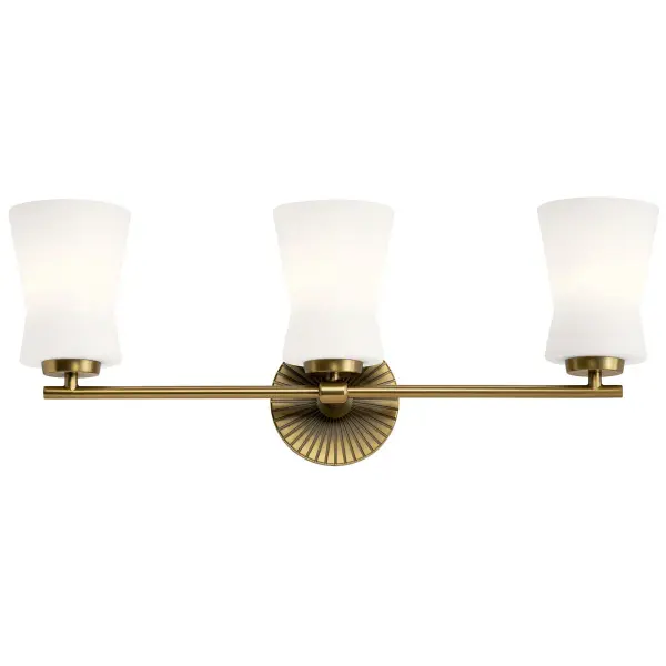 The Brianne vanity light brings sophisticated Art Deco styling to your bathroom with its brushed brass finish and opal glass shades. At 24.5 inches wide, it provides excellent illumination for medium vanities. - alternate view