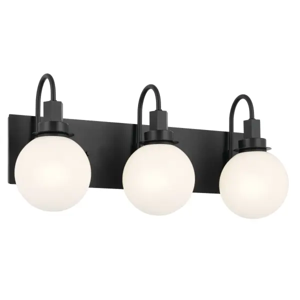 The Hex vanity light brings architectural interest to bathroom spaces with its stacked geometric shapes and refined black finish. Opal glass shades provide warm, diffused illumination ideal for grooming tasks.