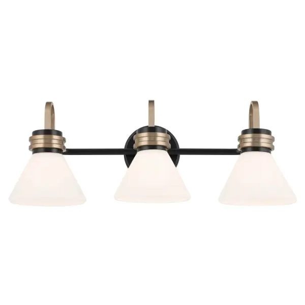 The Farum vanity light combines sleek black framing with warm Champagne Bronze accents and opal glass shades for a refined modern aesthetic. Its 26-inch width provides excellent illumination for medium to large vanities. - alternate view