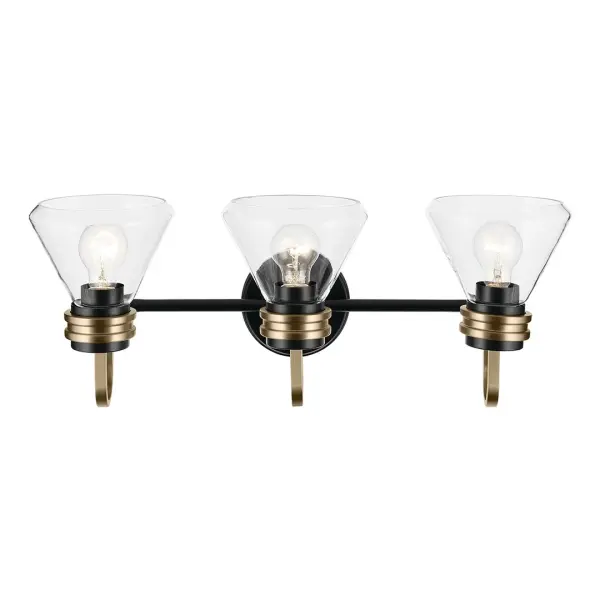 The Farum 3-Light Vanity Light combines contemporary design with functional versatility. Featuring clear glass cone shades and a striking black with Champagne Bronze finish, this fixture offers dimmable lighting and damp location rating for bathroom use. - alternate view