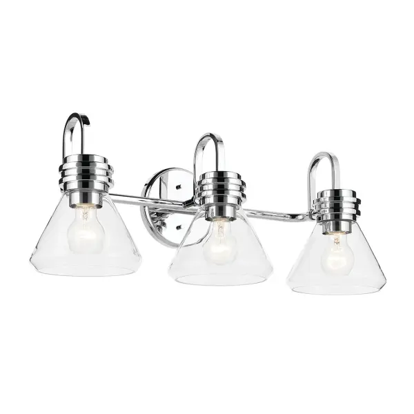 The Farum vanity light combines contemporary styling with practical functionality. Its 26-inch width and three clear glass cone shades provide excellent illumination for medium to large vanities while the chrome finish adds a clean, polished look.