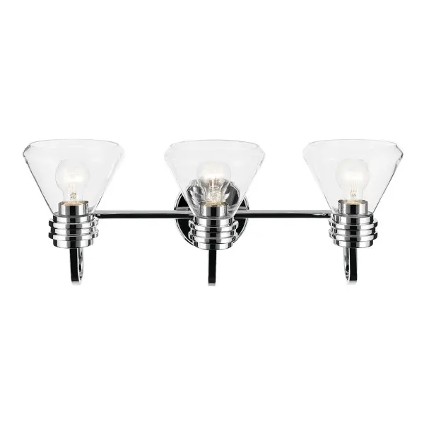 The Farum vanity light combines contemporary styling with practical functionality. Its 26-inch width and three clear glass cone shades provide excellent illumination for medium to large vanities while the chrome finish adds a clean, polished look. - alternate view