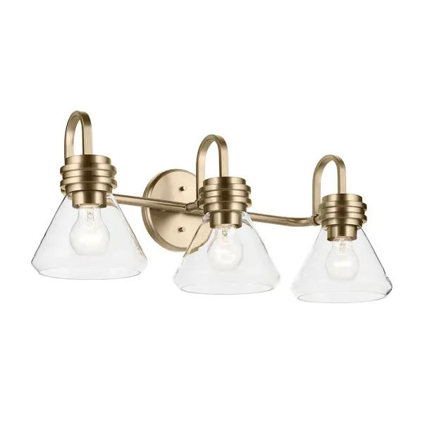 The Farum 3-Light Vanity Light combines contemporary design with practical illumination. Clear glass cone shades and Champagne Bronze finish create a sophisticated look perfect for modern bathrooms.