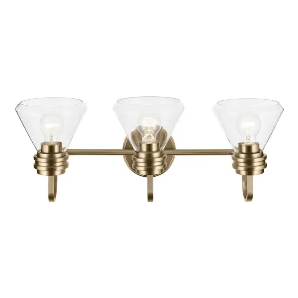 The Farum 3-Light Vanity Light combines contemporary design with practical illumination. Clear glass cone shades and Champagne Bronze finish create a sophisticated look perfect for modern bathrooms. - alternate view