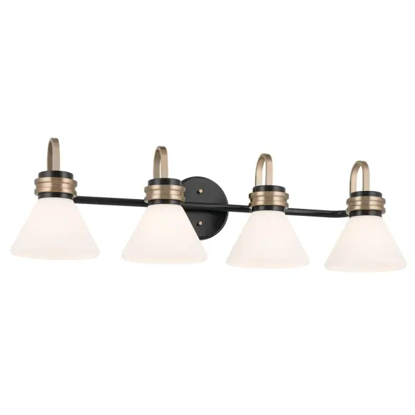 The Farum vanity light brings refined elegance to bathroom spaces with its clean-lined steel frame and stepped detailing. The black and champagne bronze combination creates a sophisticated two-tone look that's both contemporary and timeless.