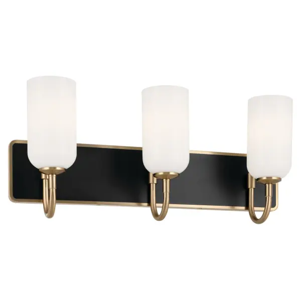 The Solia 3-light vanity combines champagne bronze and black finishes for visual depth, while opal glass shades provide soft, even illumination. Its 24-inch width makes it ideal for standard bathroom vanities and powder rooms.