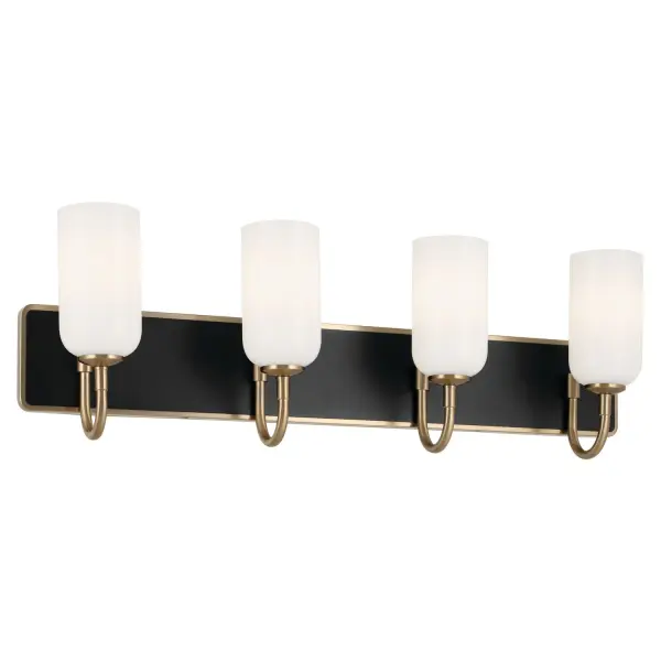 The Solia 4-light vanity combines champagne bronze and black finishes for visual depth. Opal glass shades provide even, flattering illumination ideal for grooming tasks. At 32 inches wide, it's perfectly sized for double vanities.