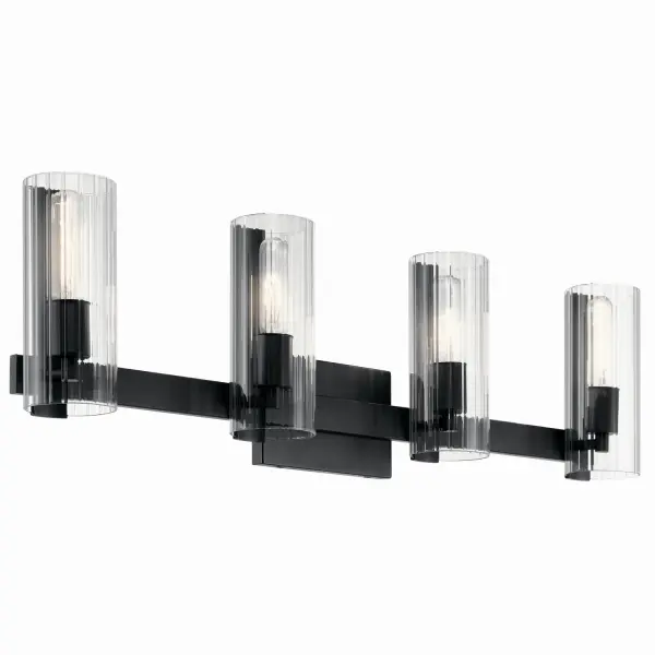 The Jemsa vanity brings contemporary elegance to bathroom spaces with its distinctive clear fluted glass shades and refined black finish. At 32 inches wide, it's perfectly sized for medium vanities and provides ample illumination.