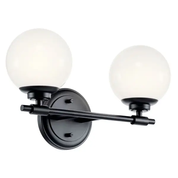The Benno vanity light combines clean contemporary lines with practical functionality. Its 14.75-inch width makes it ideal for standard bathroom vanities, while the opal glass shades provide soft, even illumination perfect for grooming tasks.