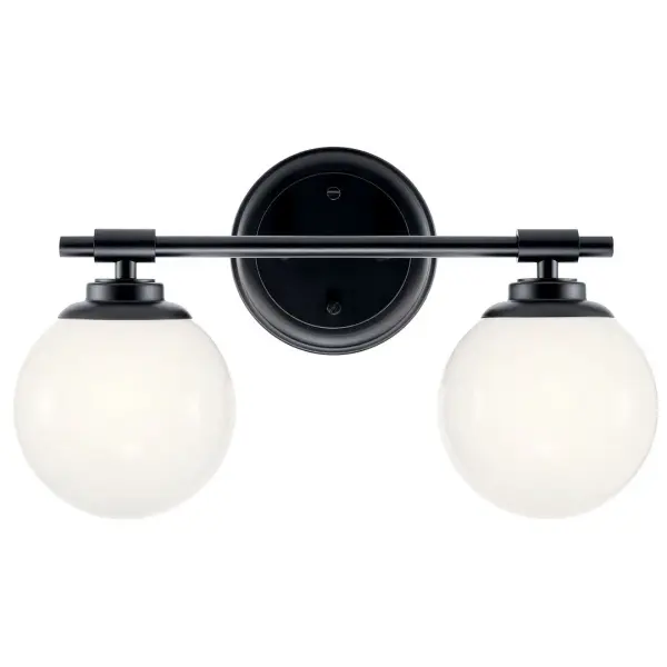 The Benno vanity light combines clean contemporary lines with practical functionality. Its 14.75-inch width makes it ideal for standard bathroom vanities, while the opal glass shades provide soft, even illumination perfect for grooming tasks. - alternate view