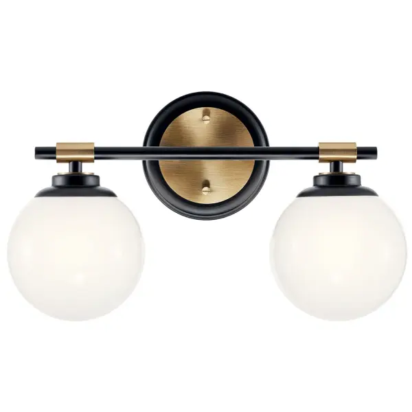 The Benno vanity light combines contemporary black and champagne bronze finishes with opal glass shades for even, flattering illumination. Its compact 14.75-inch width fits most standard vanities while the dimmable feature allows customizable lighting. - alternate view