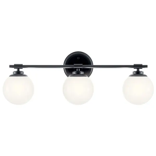 The Benno vanity light combines contemporary styling with practical functionality. Its 24.5-inch width makes it ideal for medium to large vanities, while the opal glass shades provide soft, even illumination. Dimmable and damp-rated for bathroom use. - alternate view