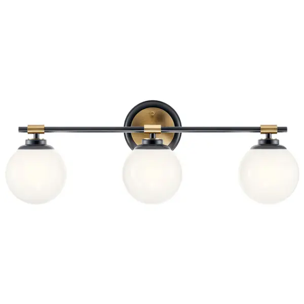 The Benno vanity light combines black and champagne bronze finishes with opal glass shades for a refined contemporary look. Its 24.5-inch width makes it ideal for medium to large vanities, while dimmable functionality and damp rating ensure versatility. - alternate view