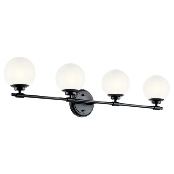The Benno vanity light combines contemporary styling with practical functionality. Its 34-inch width makes it ideal for double vanities, while opal glass shades provide even, flattering illumination. Dimmable and damp-rated for bathroom use.