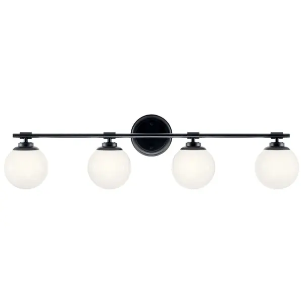 The Benno vanity light combines contemporary styling with practical functionality. Its 34-inch width makes it ideal for double vanities, while opal glass shades provide even, flattering illumination. Dimmable and damp-rated for bathroom use. - alternate view