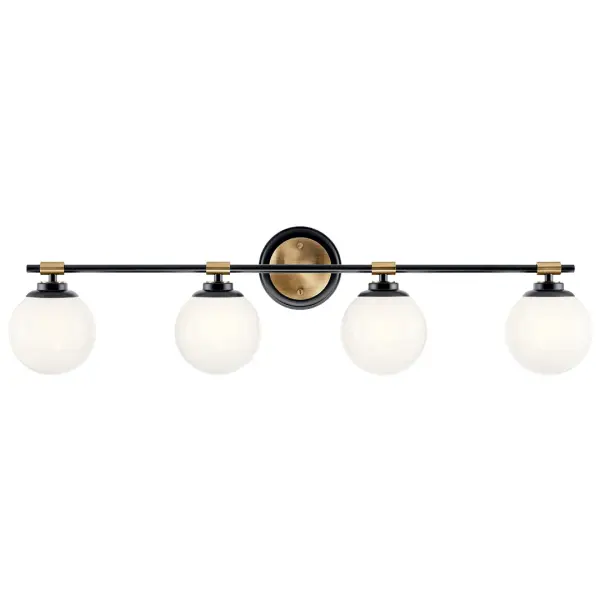 The Benno vanity light combines modern sophistication with practical functionality. Its 34-inch width provides excellent illumination for larger vanities, while the black and champagne bronze finish adds refined elegance. - alternate view