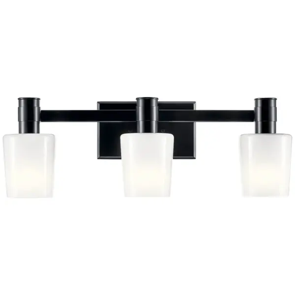 The Adani vanity light combines contemporary black finish with soft opal glass diffusers for balanced bathroom illumination. At 24 inches wide, it's ideal for medium vanities and offers flexible up or down mounting. - alternate view