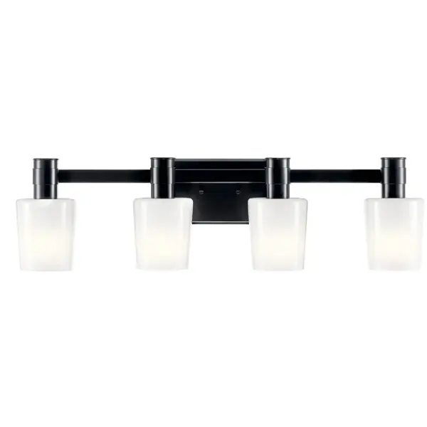 The Adani vanity light combines contemporary black finish with soft opal glass diffusers, providing even illumination across 30 inches. Dimmable and damp-rated for bathroom use, with flexible up or down mounting options. - alternate view