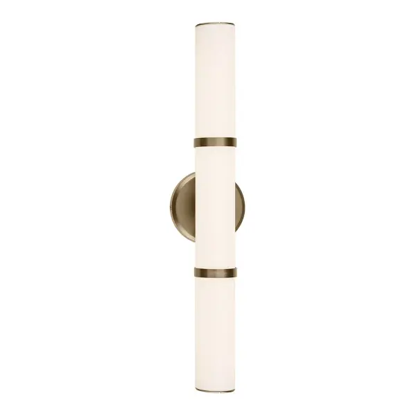 The Rosh vanity light combines contemporary styling with practical functionality. Its integrated LED with selectable CCT allows customization from warm to cool white, while the champagne bronze finish and white glass cylinder shade create a refined look suitable for any bathroom. - alternate view