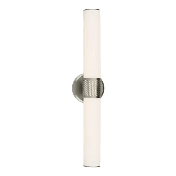 The Sashi vanity light combines contemporary styling with practical LED technology. Its selectable CCT feature allows you to customize lighting warmth, while the white glass cylinder shade provides even, flattering illumination. - alternate view