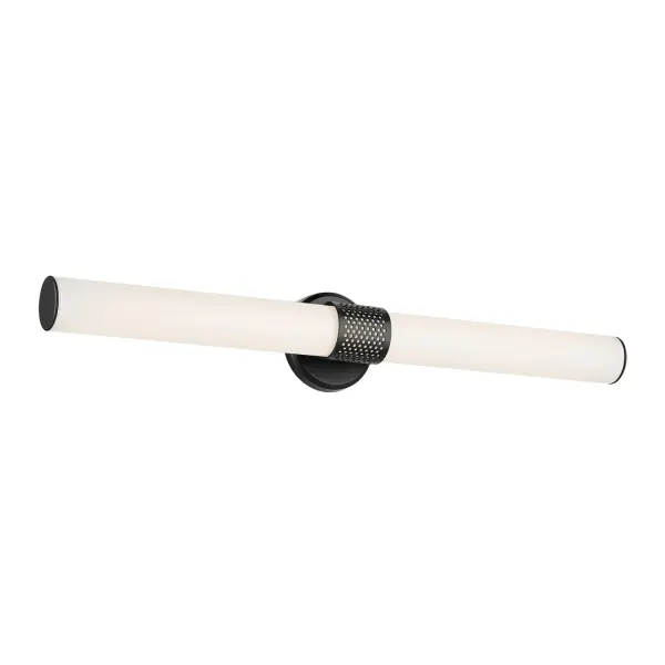 The Sashi LED bath bar combines minimalist design with industrial accents and innovative 5 CCT selectable technology. Its white glass with geometric perforated cuff creates uniform illumination while polished end caps add modern sophistication.