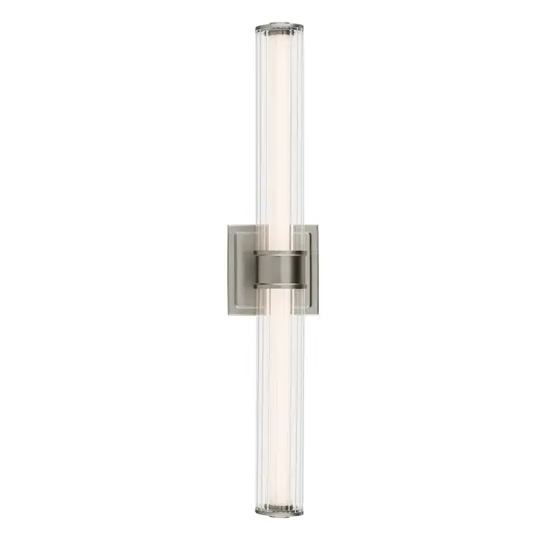 The Laurene vanity light combines contemporary styling with practical LED efficiency. Its 26.5-inch width and clear fluted glass cylinder create sophisticated bathroom illumination with dimmable control. - alternate view